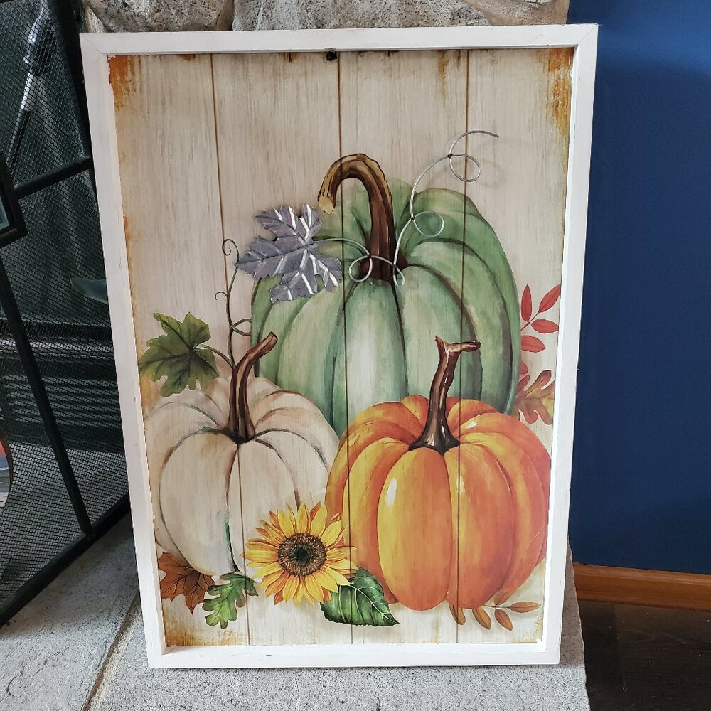 Pumpkins Picture on Wood with Metal Leaf
